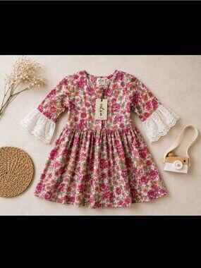 Utsa Kids Floral Lace Sleeve Dress Girls Size 9/10 Pink Boho Cottagecore